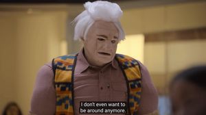 Tim Robinson in the sketch "Prank Show" from I Think You Should Leave. He's wearing a prosthetic old man mask with white hair that looks like melted wax. The caption reads, "I don't even want to be around anymore."